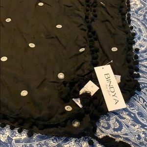 Mirrored Pom Pom black silk shawl/ throw. NWT